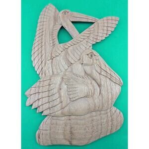 Hand-Carved Wooden Pelican Birds Wall Hanging Sculpture Multi-Grain Coastal...